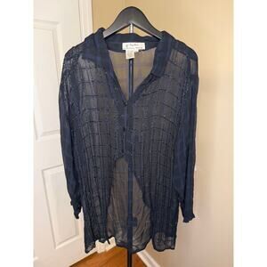 Papillon Sheer Beaded Blouse XL Navy Blue Button Front Boho Lightweight Top